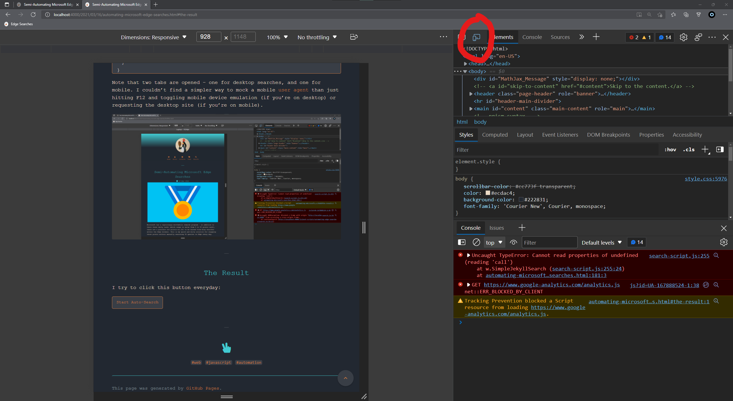 Toggling Mobile Device Emulation
